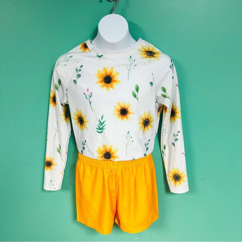 NWOT Pixie Girl 2-Piece Long Sleeve & Shorts Sunflower Rashguard Swimsuit 14/16